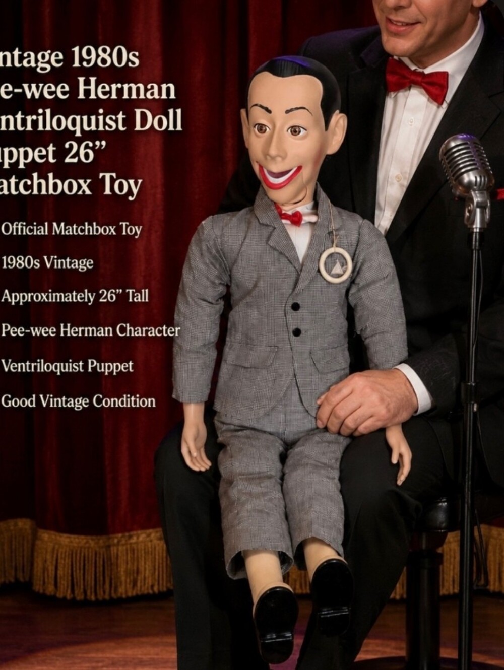 Vintage 1980s Pee-wee Herman Ventriloquist Doll Puppet 26” Matchbox Toy